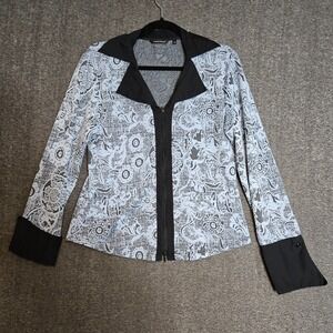Samuel Dong‎ Floral Paisley Zipper Jacket Top Blazer Size Large Open Collar Blue